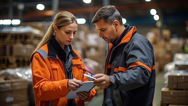 Deux collègues de la logistique se tenant à l'entrepôt entre les boîtes et vérifiant la livraison générée par l'IA