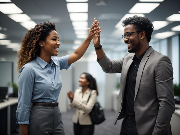 Deux collègues professionnels heureux et amicaux se donnent un high-five dans un bureau.