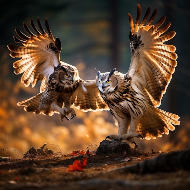 deux combats d'oiseaux hiboux