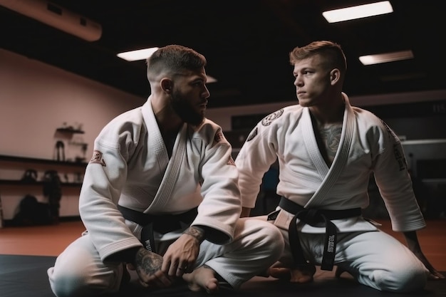 Deux combattants brésiliens de jiu jitsu s'entraînant sur tatami Generative AI