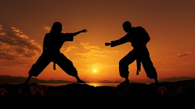 Deux combattants de capoeira en silhouette à l'extérieur pendant le coucher du soleil