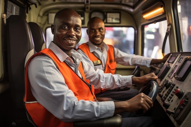 Photo deux conducteurs de train africains assis dans un train de métro avec des boutons de commande du tableau de bord du véhicule