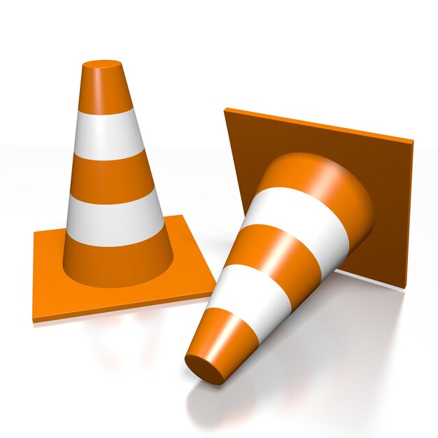 Deux cônes de signalisation orange et blanc isolés sur fond blanc illustration 3D