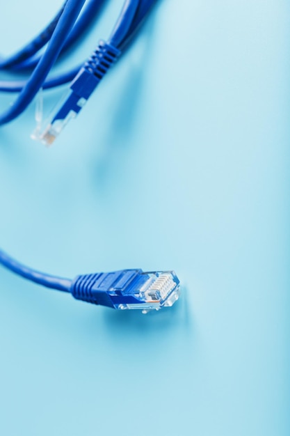 Deux Connecteurs De Câble Ethernet Cordon De Raccordement Gros Plan Isolé Sur Un Fond Bleu Avec De L'espace Libre