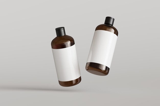 Photo deux contenants cosmétiques en plastique marron avec étiquettes bouteilles de shampoing flottant sur fond gris vue de face maquette de rendu 3d