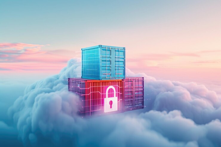 Photo deux conteneurs dans le nuage et avec une icône de verrouillage sécurisé montrent les opérations d'infrastructure logicielle
