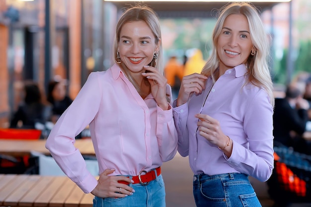 deux copines en chemises roses, jeunes adultes beaux modèles en chemises, style décontracté
