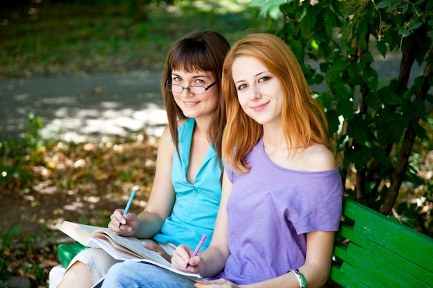 Deux copines à faire leurs devoirs au parc.