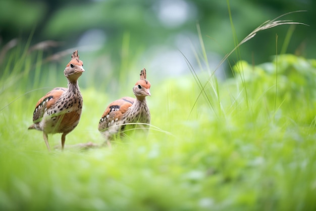 Deux coqs dans une clairière herbeuse.