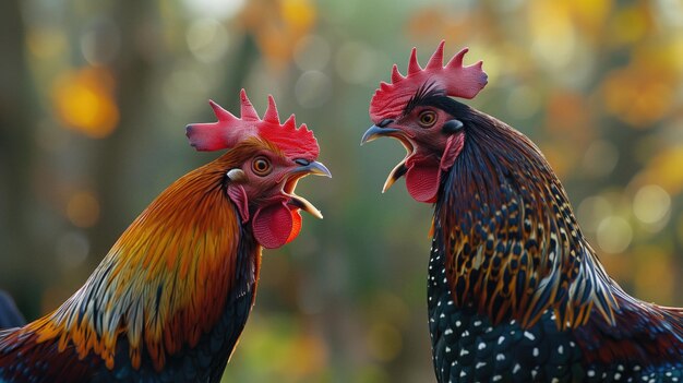 Photo deux coqs phasianidae avec les becs ouverts qui crient l'un à l'autre