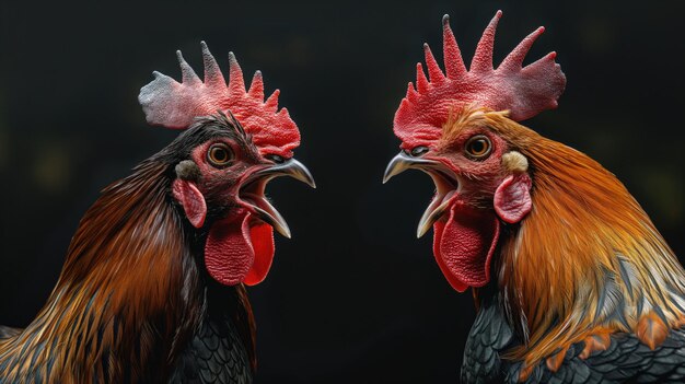 Photo deux coqs phasianidae avec les becs ouverts qui crient l'un à l'autre