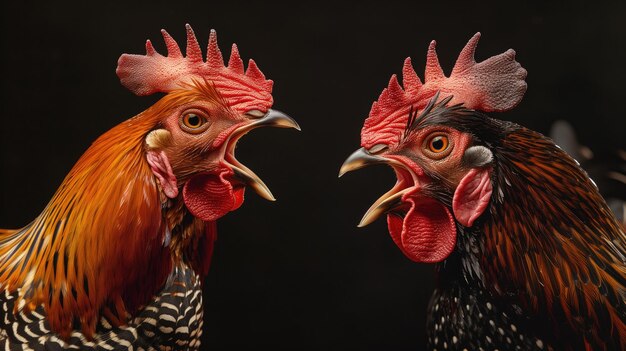 Photo deux coqs phasianidae avec les becs ouverts qui crient l'un à l'autre