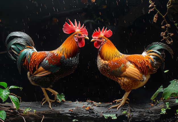 Deux coqs se battent sous la pluie.