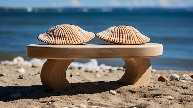 deux coquillages assis sur un banc en bois sur une plage