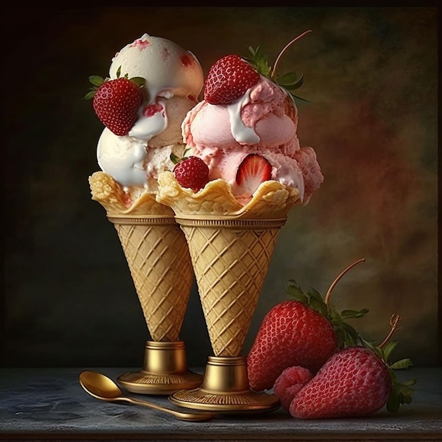 Deux cornets de crème glacée avec des fraises dessus et un avec des fraises dessus.