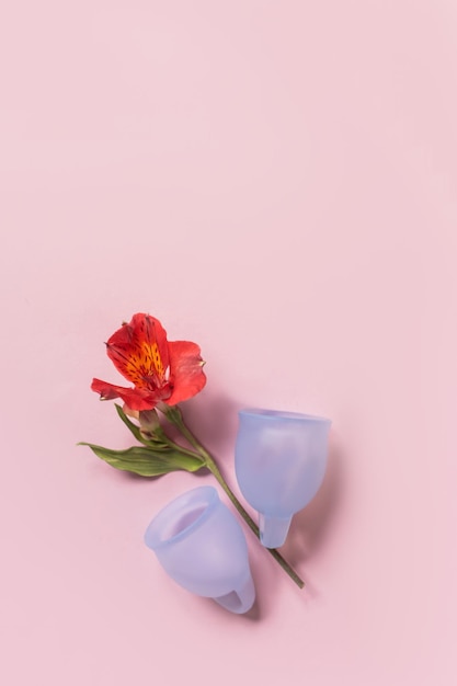 Deux coupes menstruelles bleues isolées et une fleur