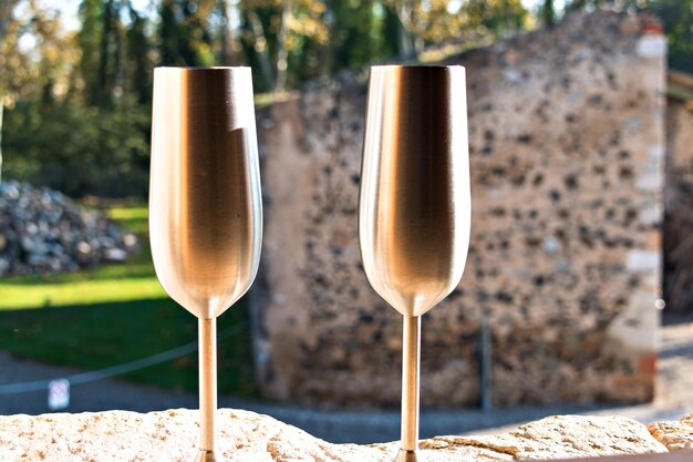 Deux coupes en métal pour trinquer au champagne dans un lieu romantique.