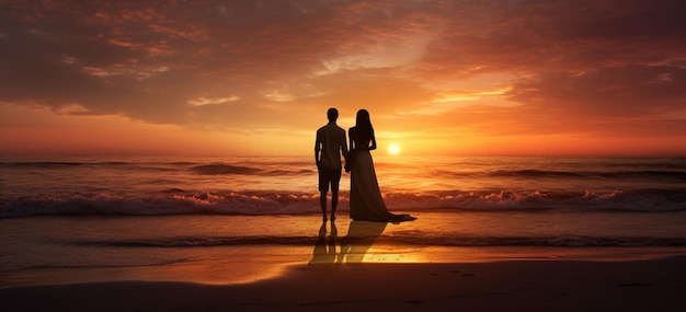 deux couples debout sur la plage s'embrassant affectueusement alors que le soleil se couche derrière eux