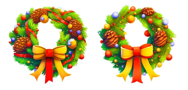 Deux couronnes de Noël de branches de sapin décorées d'arcs et de boules colorés isolés sur fond blanc Illustrations numériques découpées