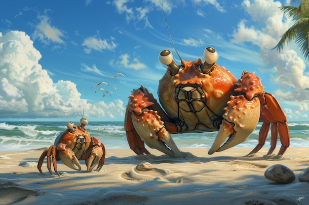 Deux crabes sur une plage tropicale illustration 3D