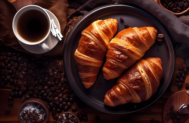 Deux croissants sur une assiette avec des grains de café et des grains de café