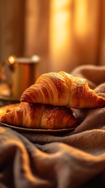 Deux croissants sur un lit avec une tasse de café en arrière-plan