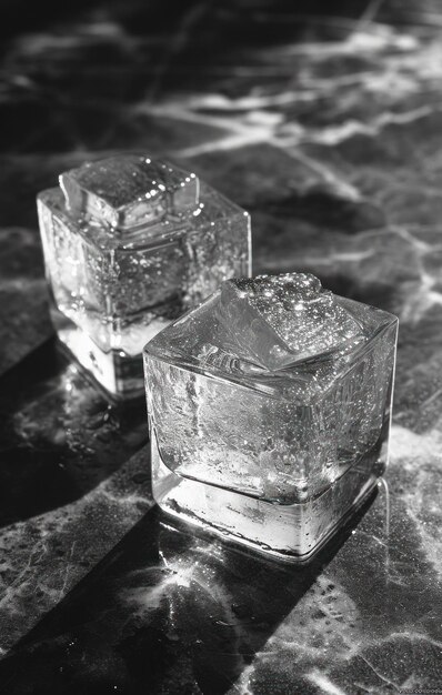 Photo deux cubes de glace dans un verre avec du whisky