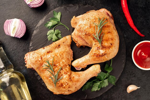 deux cuisses de poulet grillées aux épices et herbes sur fond de pierre