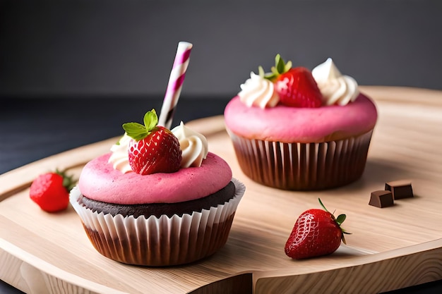 Deux cupcakes avec une fraise sur le dessus