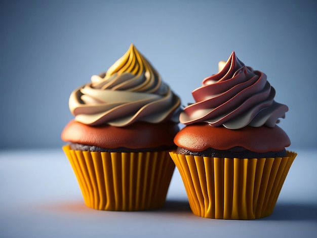 Deux cupcakes avec glaçage au chocolat sur fond bleu