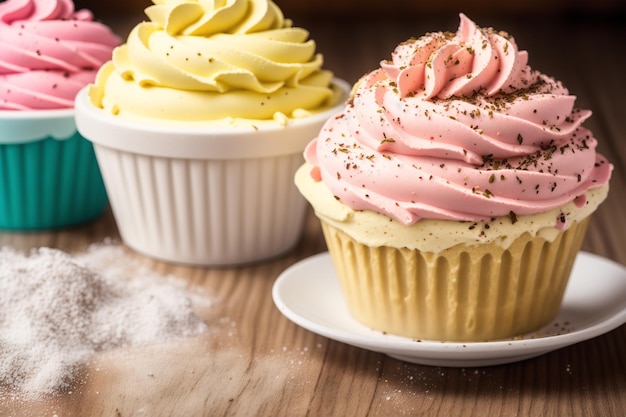 Deux cupcakes avec glaçage rose et un cupcake avec une pépite dorée sur le côté.
