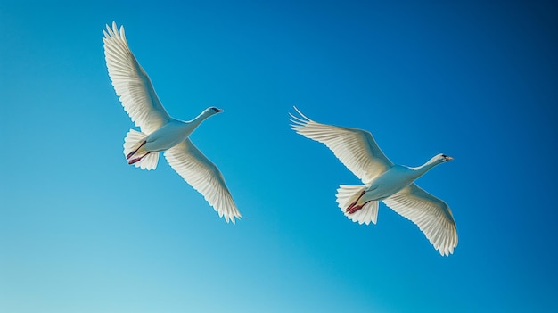 Deux cygnes blancs en vol sur un fond de ciel bleu Le cygne muet
