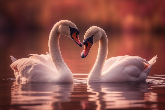 Deux cygnes faisant une forme de coeur avec leurs têtes ensemble