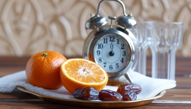 Deux dattes d'orange et un réveil sur un plateau dattes et image d'eau