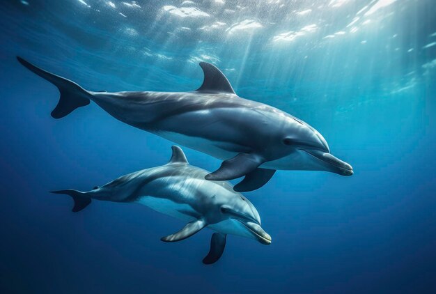 Deux dauphins sauvages jouant sous les rayons du soleil sous l'eau en bleu Generative AI