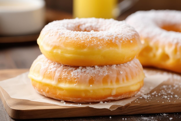 Deux délicieux beignets avec du sucre en poudre sur une table en bois et du papier