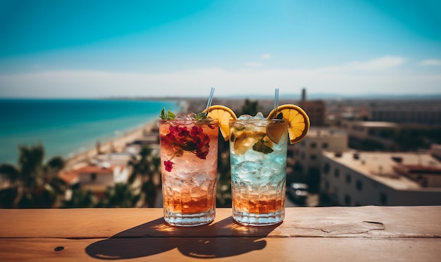 Deux délicieux cocktails tropicaux rafraîchissants avec une belle vue sur l'océan pour les vacances d'été deux verres