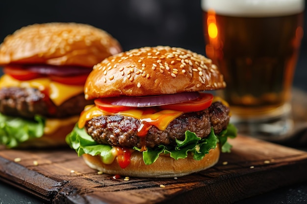 Deux délicieux hamburgers faits maison de fromage de bœuf et de légumes sur une vieille table en bois