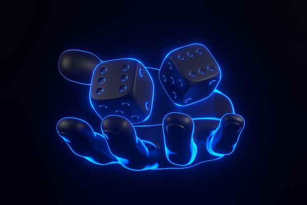 Deux dés de jeu roulants et une main avec des lumières bleues néon futuristes sur un fond noir rendu 3D