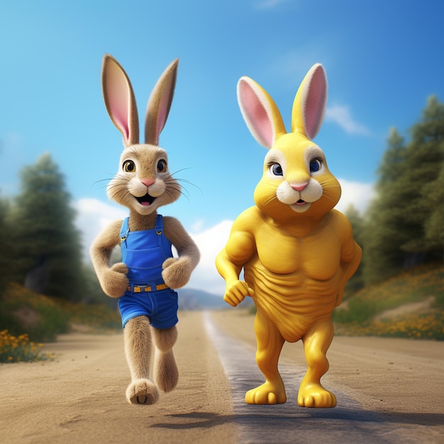 A, deux, dessin animé, lapin, 3d, caractère, gym, garçon