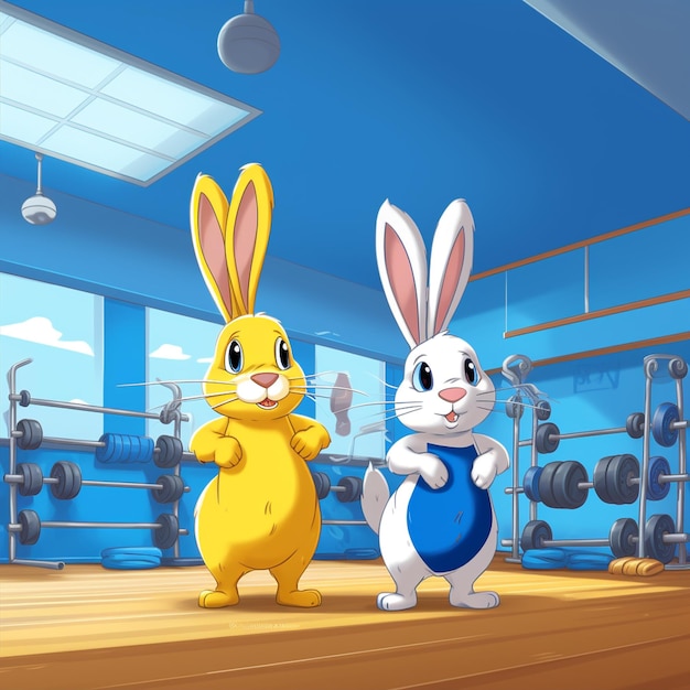 A, deux, dessin animé, lapin, 3d, caractère, gym, garçon