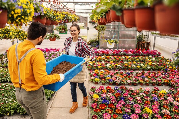 Deux dignes ouvriers de pépinière déplaçant la baignoire avec de la terre. Tout autour se trouvent des pots avec des fleurs colorées.