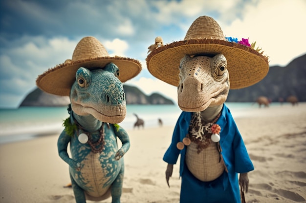 Photo deux dinosaures portant des chapeaux sur une plage