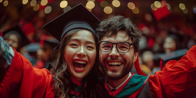 Deux diplômés en casquette et robe célébrant la réussite académique lors de la cérémonie de remise des diplômes Concept Réalisations académiques Cérémonie de délivrance des diplômes Casquettes et robe célébrent la réussite Deux gradués