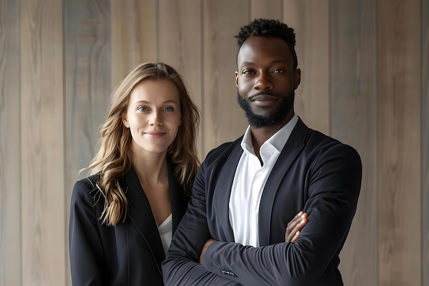 Photo deux dirigeants d'entreprise divers un homme et une femme posant avec confiance ensemble dans un bureau concept leadership d'entreprise diversité dans les affaires portraits professionnels environnement de bureau