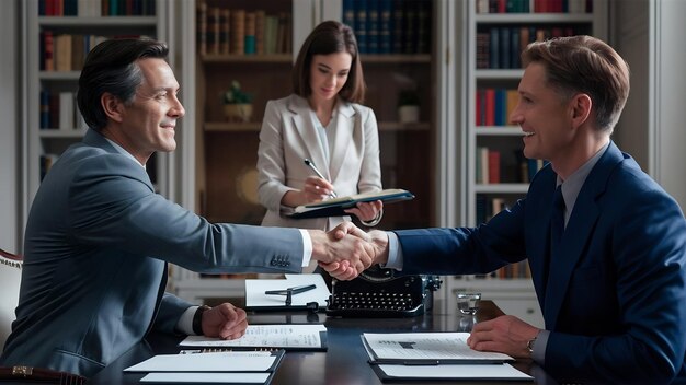 Photo deux dirigeants d'entreprise se serrent la main pour conclure l'affaire pendant que la secrétaire prépare le procès-verbal.