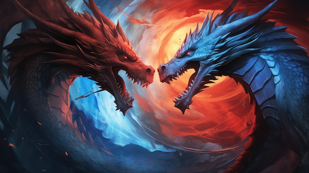 Deux dragons face à face rouge et bleu contre l'illustration de la concurrence