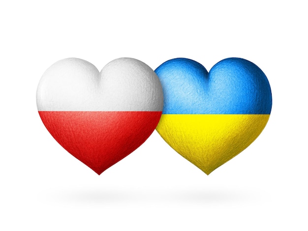 Deux drapeaux Drapeaux de l'Ukraine et de la Pologne Deux coeurs aux couleurs des drapeaux