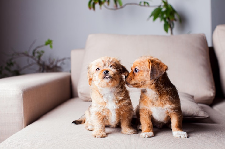 Photo les deux drôles de chiots pékinois sont assis sur le canapé le concept d'affinité animale