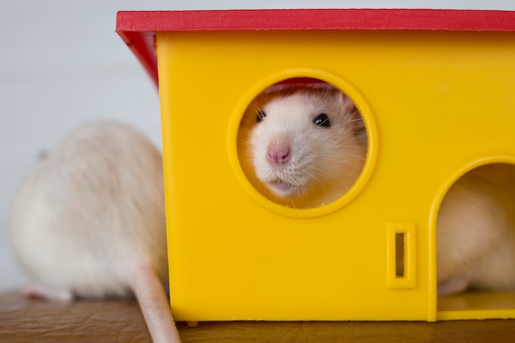 Photo deux drôles de rats domestiques et une maison de jouets